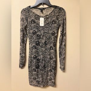 Floral Black Taupe Long Sleeve Fitted Dress Small NWT